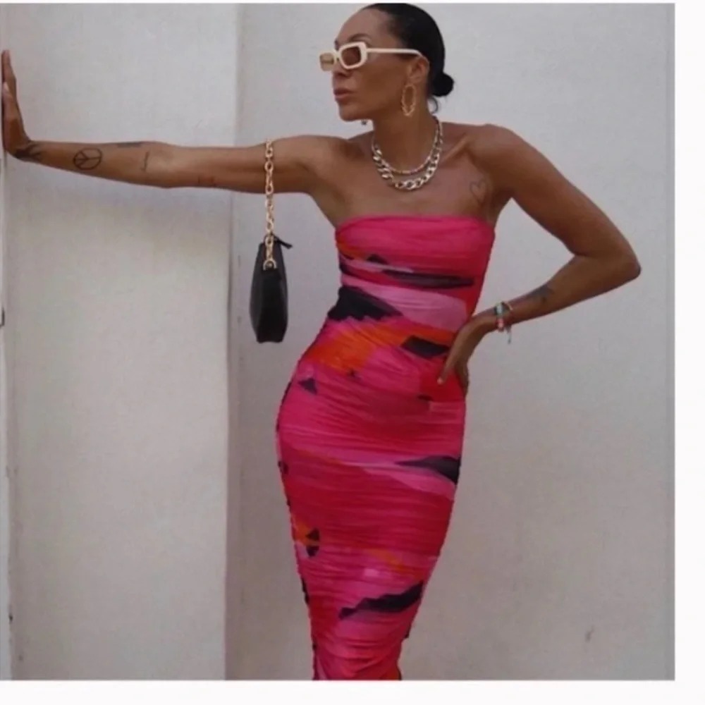 HOUSE OF CB‎ 'Sasha' Multicoloured Strapless Ruched Midi Dress/Size XS NWOT